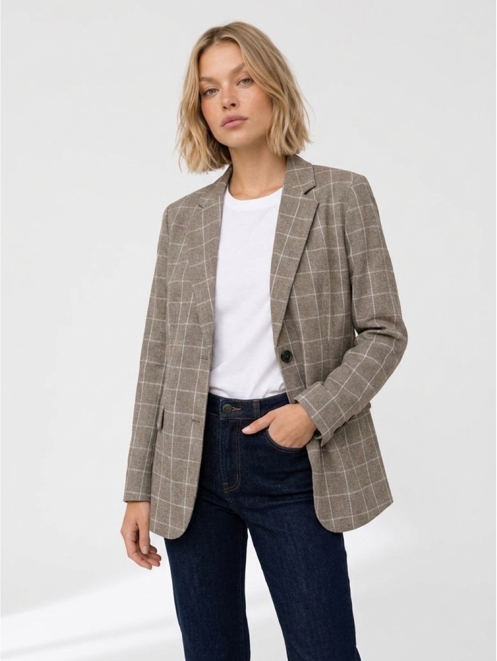 A New Day Size 6 Brown Plaid Oversized Blazer Windowpane Career Preppy